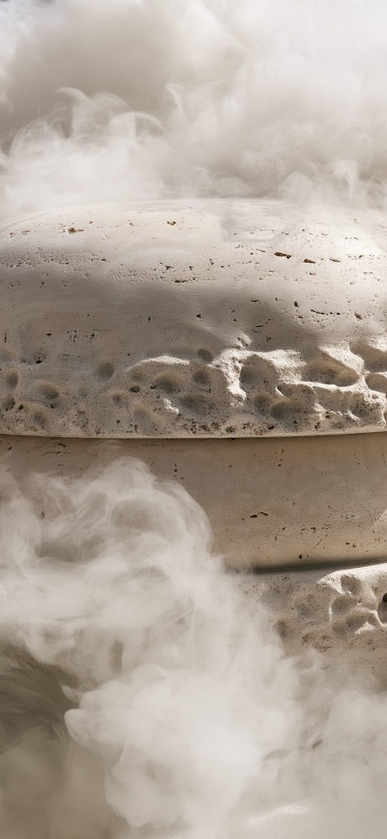 Sculptural object in natural travertine, wrapped in smoke